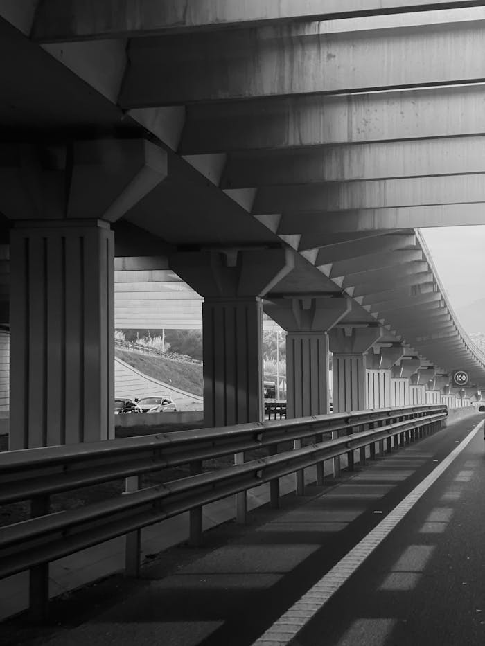 Black and white photo of a highway overpass showcasing modern architectural geometry.